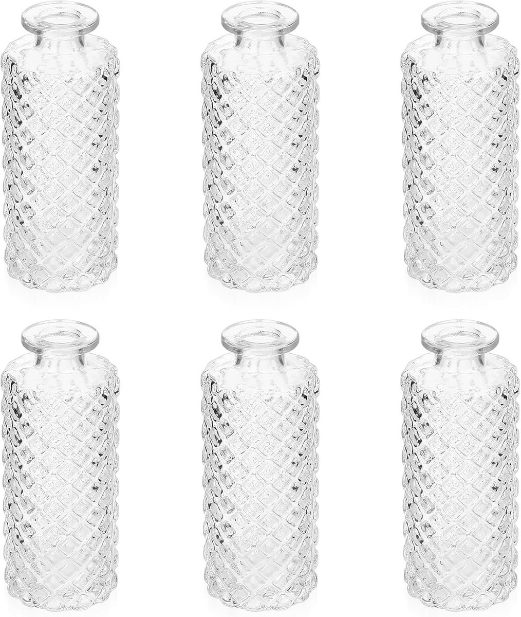 SnelShoppen - 6 Stuks Glazen Bud Mini Vazen, Kleine Heldere Vintage Vazen voor Tafelversieringen, Bruiloft/ Bloemen Centrumstuk, 5,2 x 5 Inch