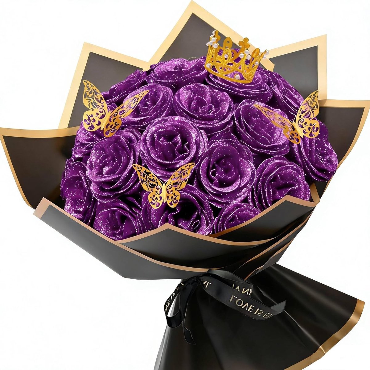 SnelShoppen - 24 Stuks Kunstrozen Boeket Met Kroon - Prachtige Paarse Eternity Rozen - Ideaal Voor Verjaardag, Moederdag, Valentijn, Kerst - Handgemaa