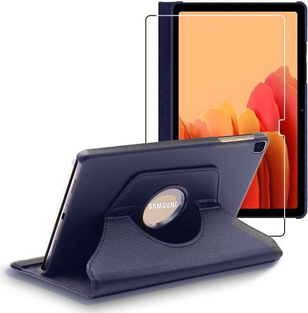 ebestStar - Hoes geschikt voor Samsung Galaxy Tab A7 10.4 T505 (2022, 2020), Roterende Etui, Case, 360° Draaibaar hoesje, Donkerblauw + Gehard Glas