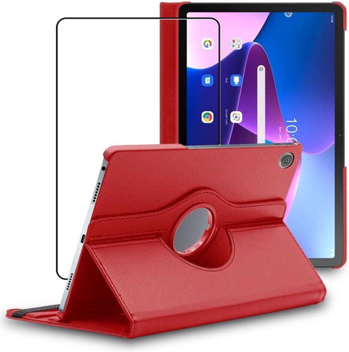 ebestStar - Hoes geschikt voor Lenovo Tab M10 Plus 10.6 (Gen 3), Roterende Etui, Case, 360° Draaibaar hoesje, Rood + Gehard Glas