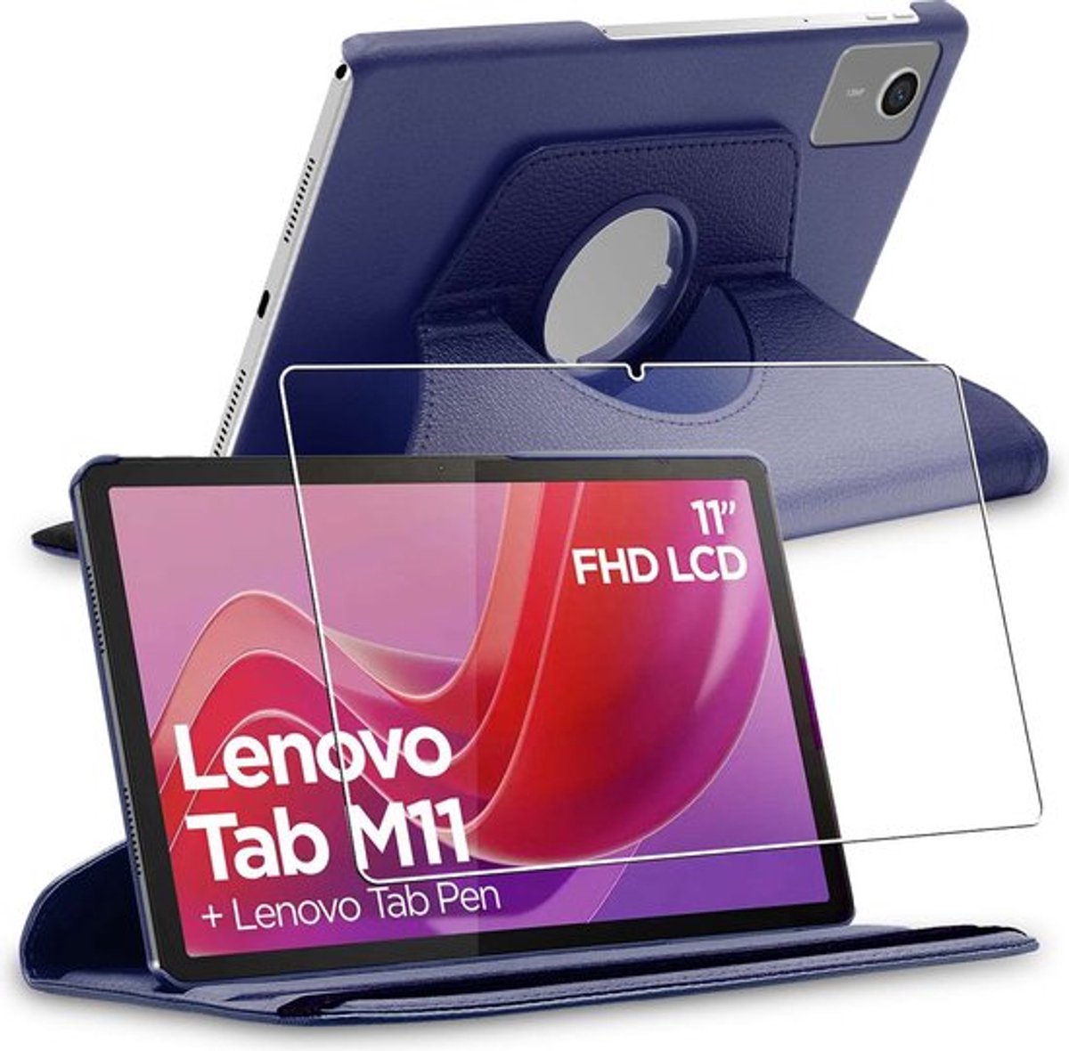 ebestStar - Hoes geschikt voor Lenovo Tab M11, Roterende Etui, Case, 360° Draaibaar hoesje, Donkerblauw + Gehard Glas