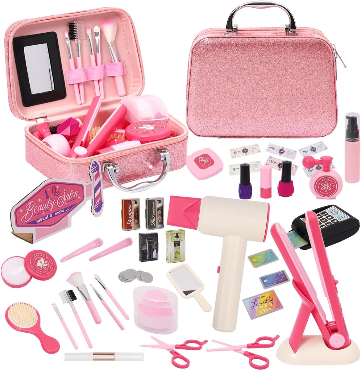 SnelShoppen - Roze Haarstylingspeelset voor Kinderen, Realistische Salon Set met Föhn, Scherpe Schaar, Kam en Accessoires, Rollenspel Cosmetica Set vo
