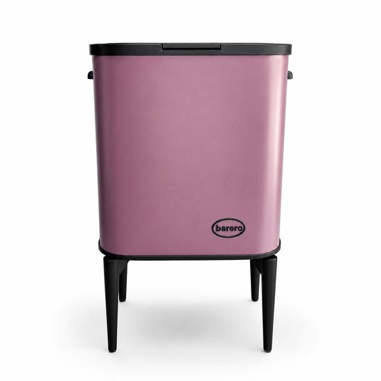 Poubelle Barero rose de 35 litres avec pieds noirs et logo.