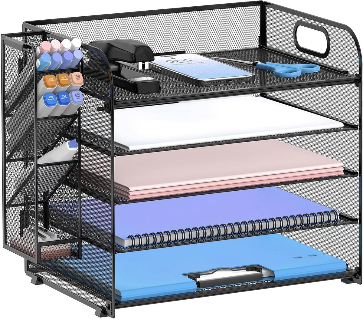 5-laagse bureau organizer met handvat en afneembare pennenhouder, ideaal voor documenten, mappen en brieven (Zwart)