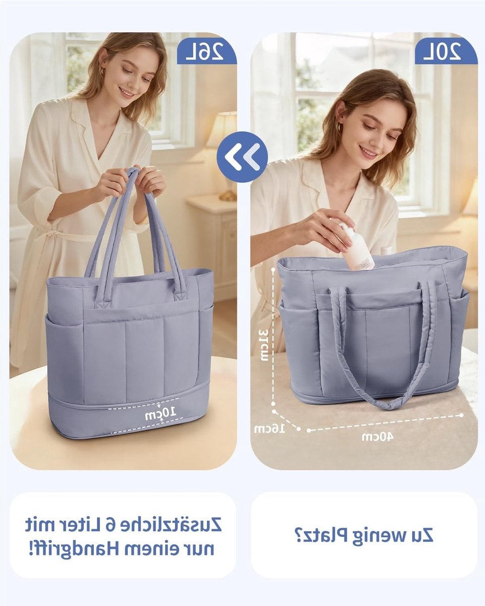 Vrouwelijke uitbreidbare shopper tas met laptopcompartiment en schoenenvak, ideaal voor werk, school en reizen