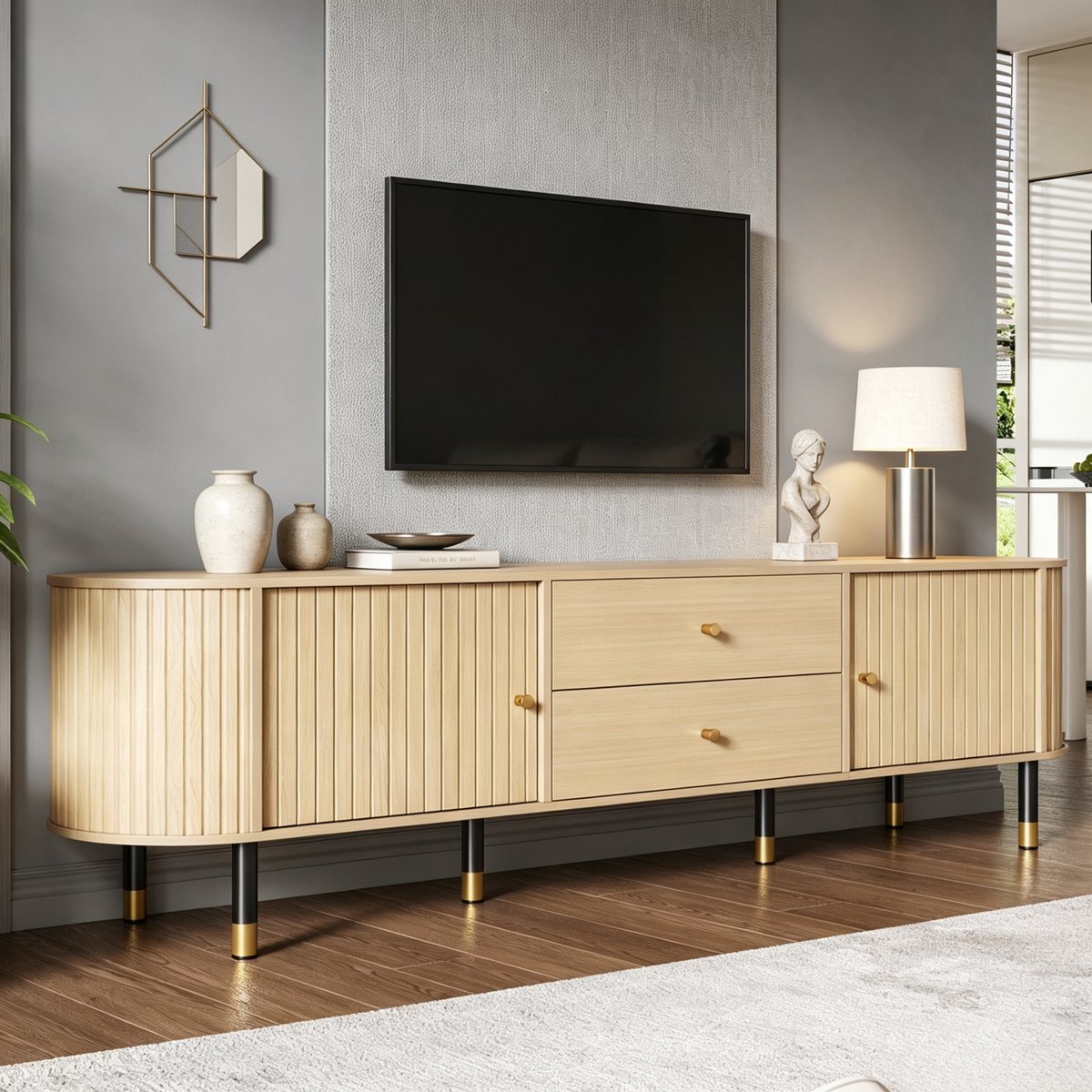 HAUSS SPOLE Dressoir - Tv Meubel Met 2 Schuifdeuren En 2 Lades - Voor Woonkamer Of Slaapkamer - MDF En Spaanplaat - 180x40x58 Cm - Naturel