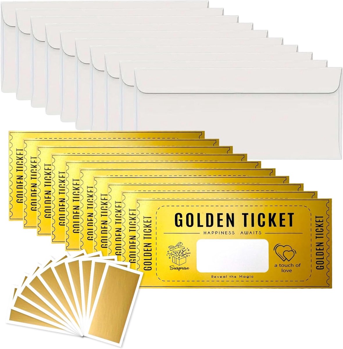 SnelShoppen - Gold Ticket Coupons Set van 10 Kraskaarten en Envelop voor Persoonlijke Cadeaukaarten - Perfect voor Verjaardagen, Feestjes en Speciale