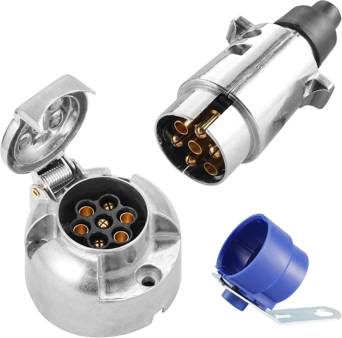 SnelShoppen - 7-Pin Metal Trailer Socket en Plug, Aluminium, Blauwe 12V Aansluiting voor Aanhangwagens, Duurzaam en RVS, Ideaal voor Camping en Transp