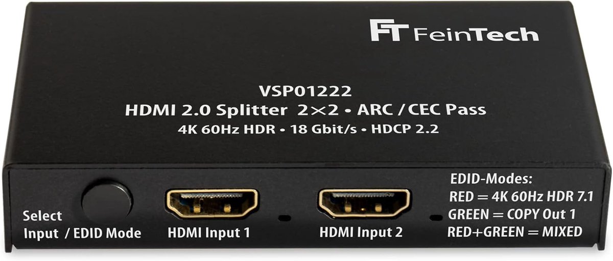 SnelShoppen - HDMI Splitter 2.0 met 2 Inputs en 2 Outputs, 4K 60Hz HDR, ARC Pass voor AV Receiver en Soundbar, Ideaal voor Thuisbioscoop en Gaming