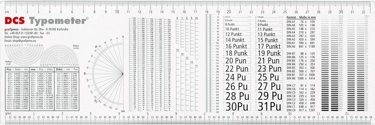 SnelShoppen - DCS Typometer - Bepaal Lettergroottes tot 340 Punten - Meetlijnspatiëring en LijnDiktes - Formaat 110 x 335 mm
