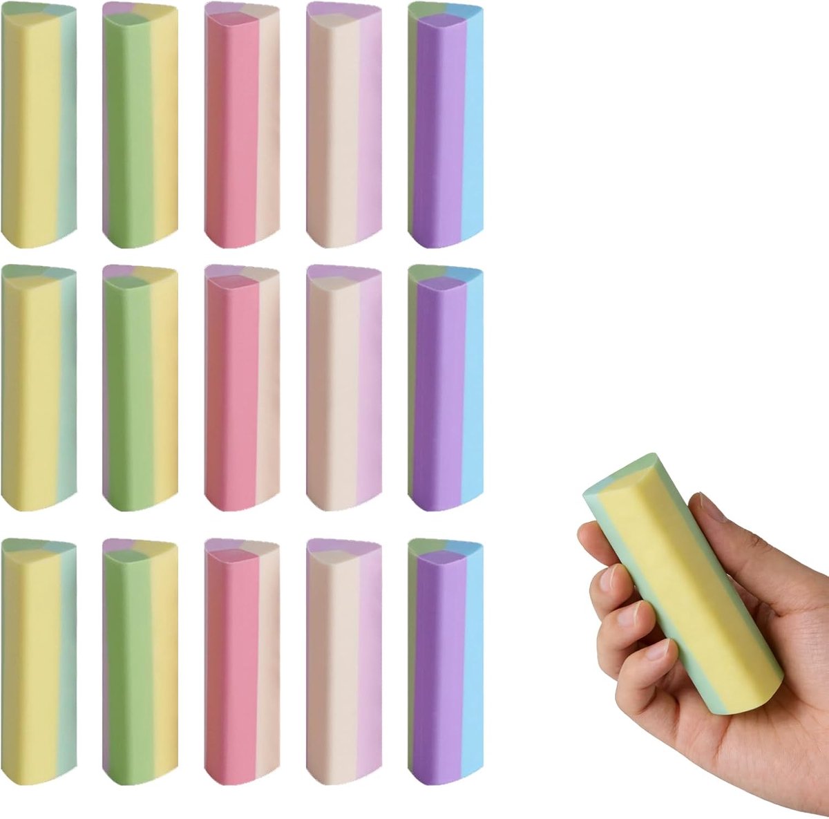 SnelShoppen - 15 Stuks Gekleurde Gummen voor Kinderen - Driehoekige Gummetjes - Zachte Textuur - Schoon en Minder Vlokken - Kleurverloop - Geschikt vo