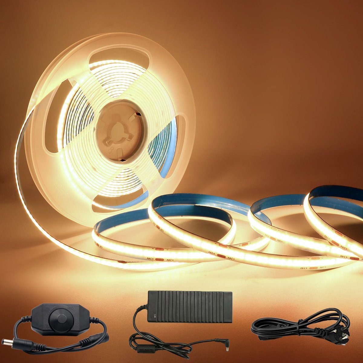 SnelShoppen - 5m COB LED Strip 24V Dimbare Warm Witte Verlichting 3000K met Adapter en Dimmer - Hoge Dichtheid 320 LEDs/M voor Sfeervolle Interieurdec