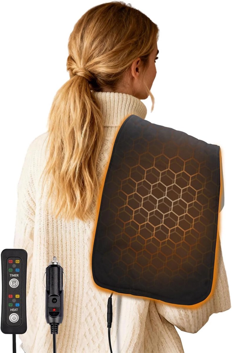 SnelShoppen - 12 V Auto Elektrische Deken met 4 Verwarmings- en 4 Timer-instellingen, Draagbare Mini-Reisdeken 31 x 61 cm voor Rug-, Nek-, Schouder- e