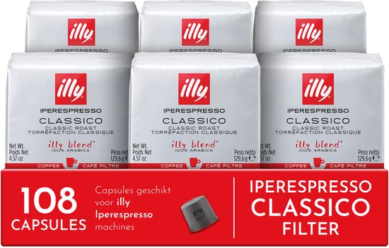Een verpakking van 108 illy Iperespresso Classico koffiecups, bestaande uit zes pakken van 18 stuks.