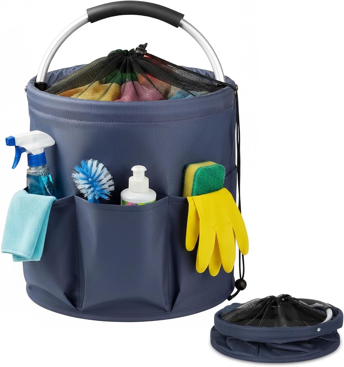 SnelShoppen - Schoonmaakmiddelen-organizermand met handvat en trekkoord, 18L opvouwbare poetstas, 6 vakken, multifunctionele gereedschapsmand, marineb