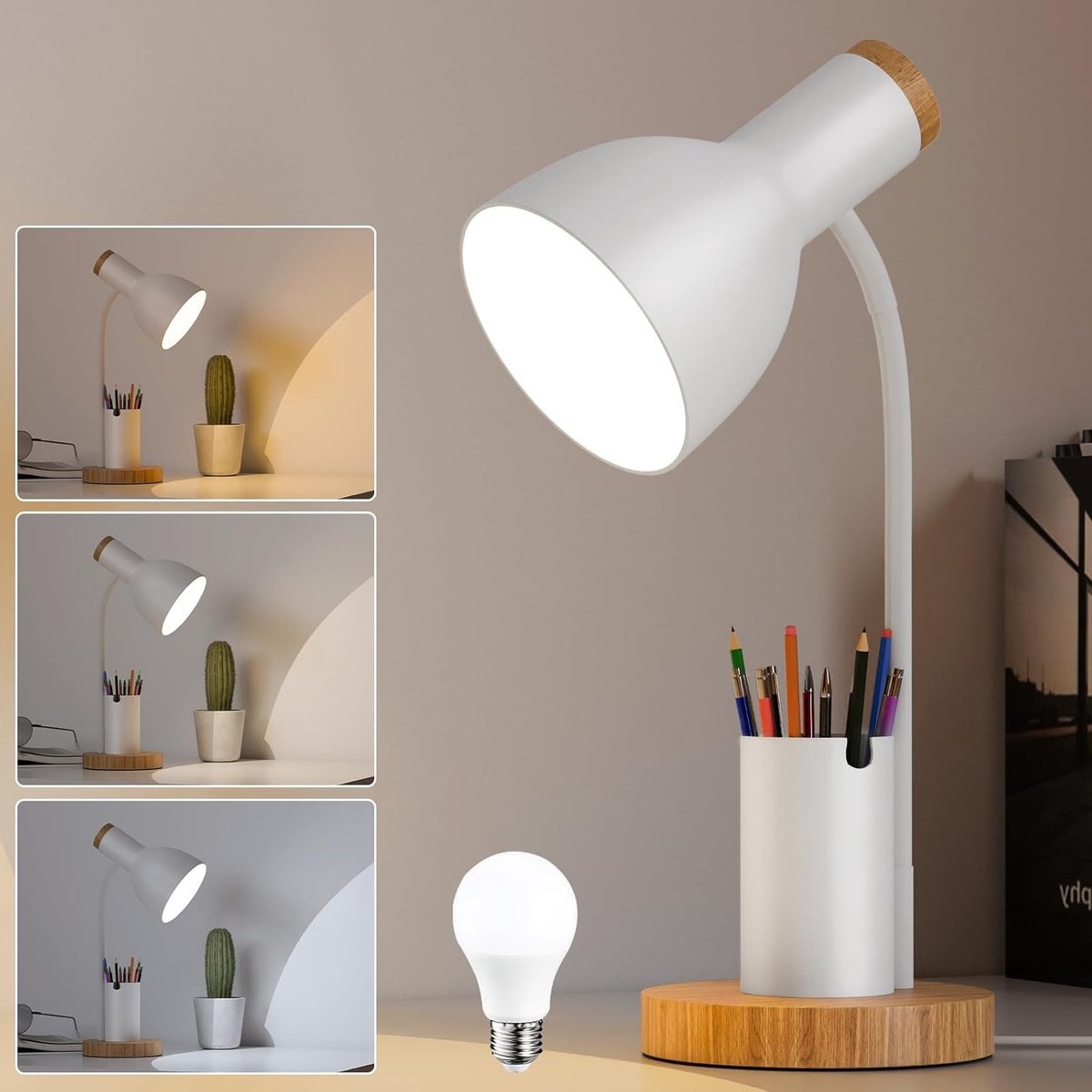 Verstelbare bureaulamp met penhouder en houten accent, moderne tafellamp voor kantoor en studie (wit)