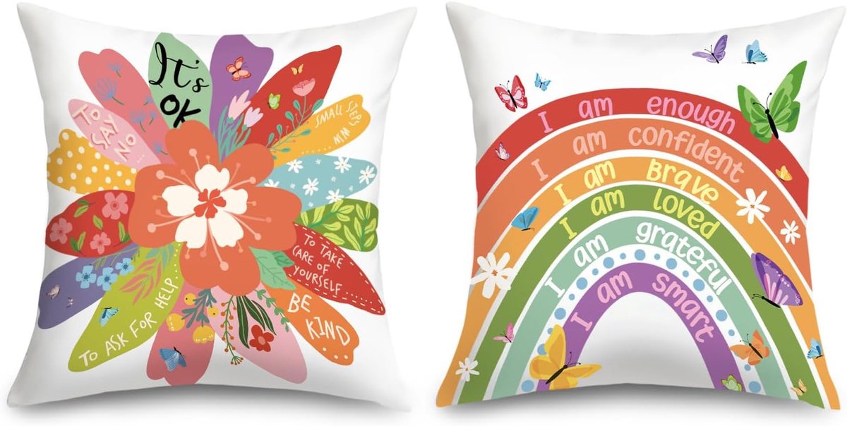 SnelShoppen - Kussenhoezen voor Sofa 45x45cm - 2 Stuks Kleurrijke Regenboog Kussenhoezen met Bloemen en Vlinders - Vierkante Kussenhoezen voor Kindere