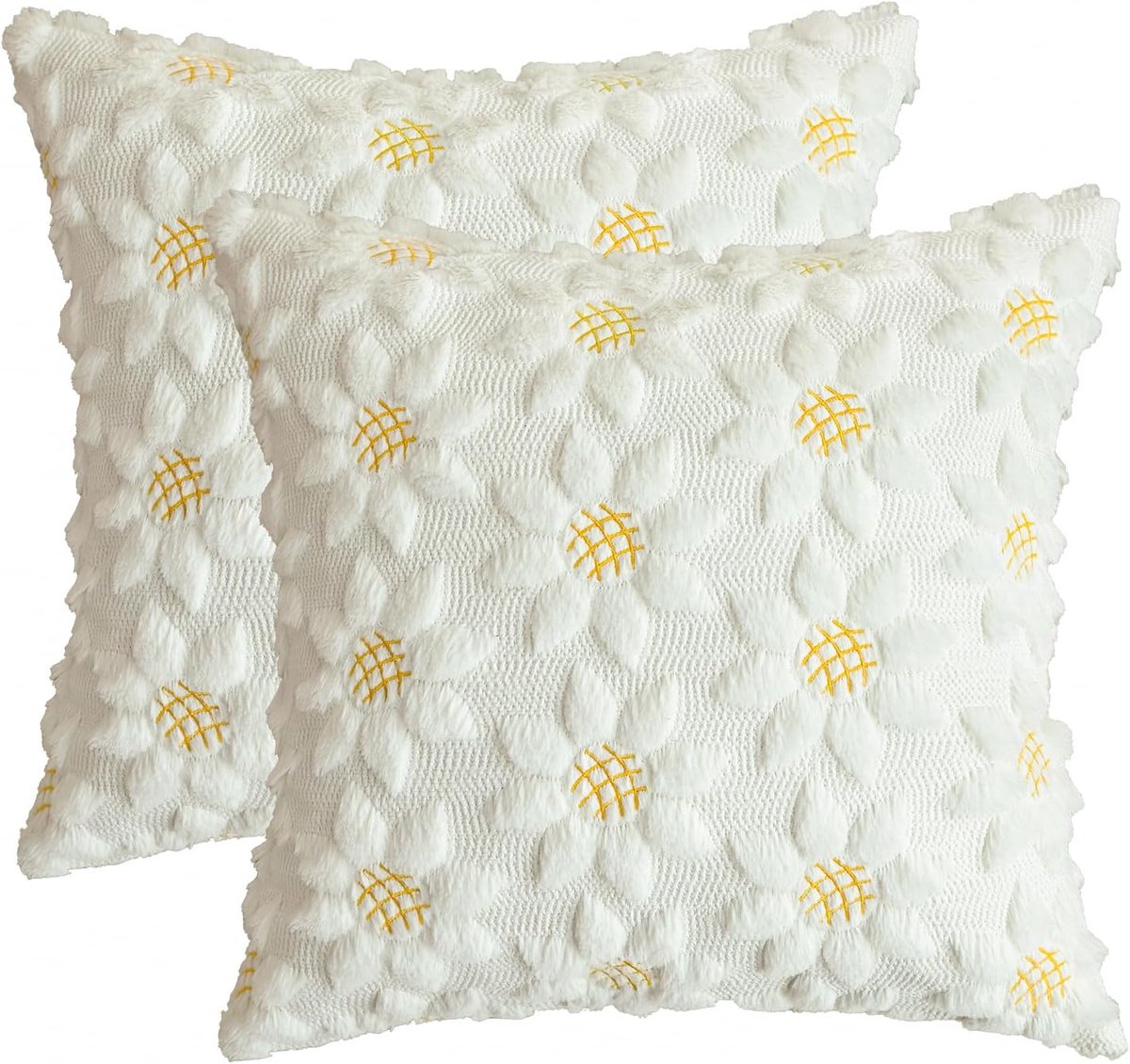 SnelShoppen - Set van 2 Crème Witte Zachte Pluche Faux Bont Zonnebloem Kussenhoezen 45 x 45 cm Decoratieve Kussenhoezen voor Bank Woonkamer Decoratie