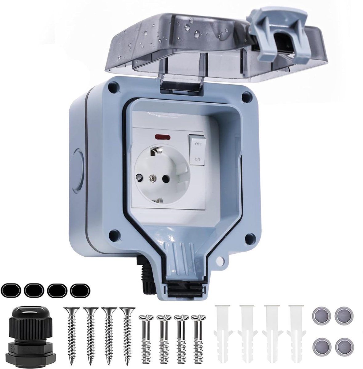 SnelShoppen - Buitensocket IP66 Waterdicht met Schakelaar en Indicator, Tuin Wandcontactdoos 16A, Perfect voor Tuin, Garage, Zwembad en Werkplaats