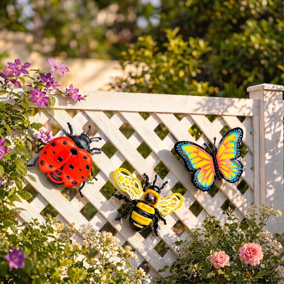 SnelShoppen - 3 Stuks Metalen Insecten Wanddecoratie - Kleurrijke Vlinders, Lieveheersbeestjes en Bijen - Duurzaam IJzer - 17x17 cm - Ideaal voor Tuin
