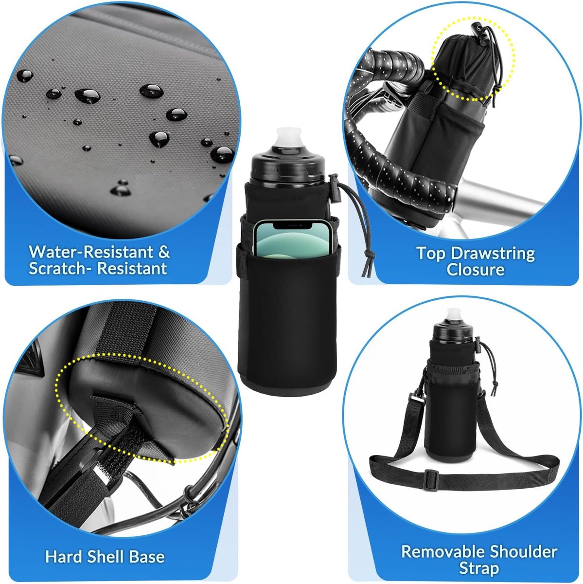 SnelShoppen - Fietswaterfleshouder, Waterproof Geïsoleerd, Afneembaar met Schouderband, Fietsframe Drinkbekerhouder en Telefoonopbergtas voor Alle Fie