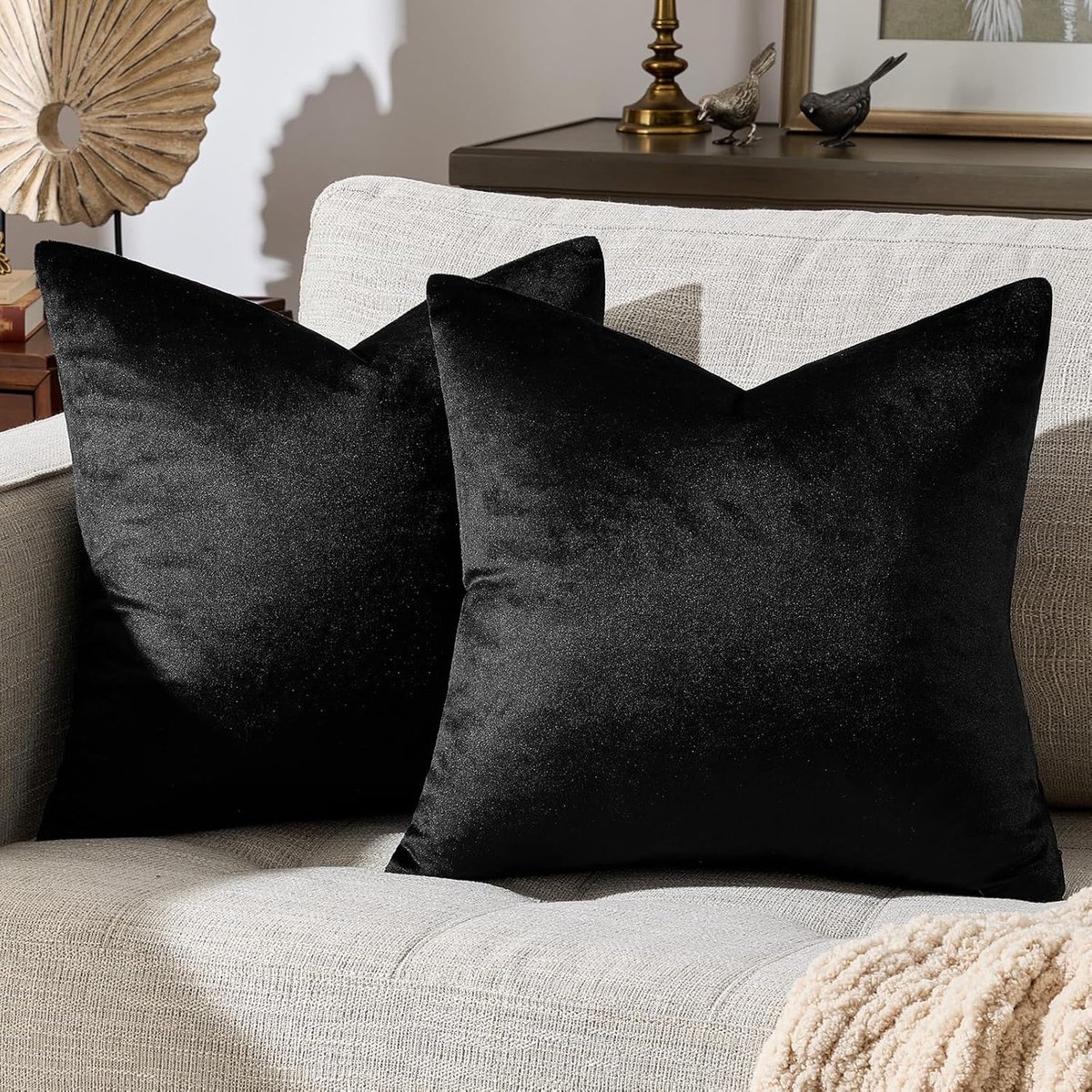 SnelShoppen - Set van 2 Velvet Kussenslopen 45x45 cm - Zwarte Decoratieve Kussenhoezen voor Sofa, Bed, Auto - Stijlvol en Arty Design met Verborgen Ri