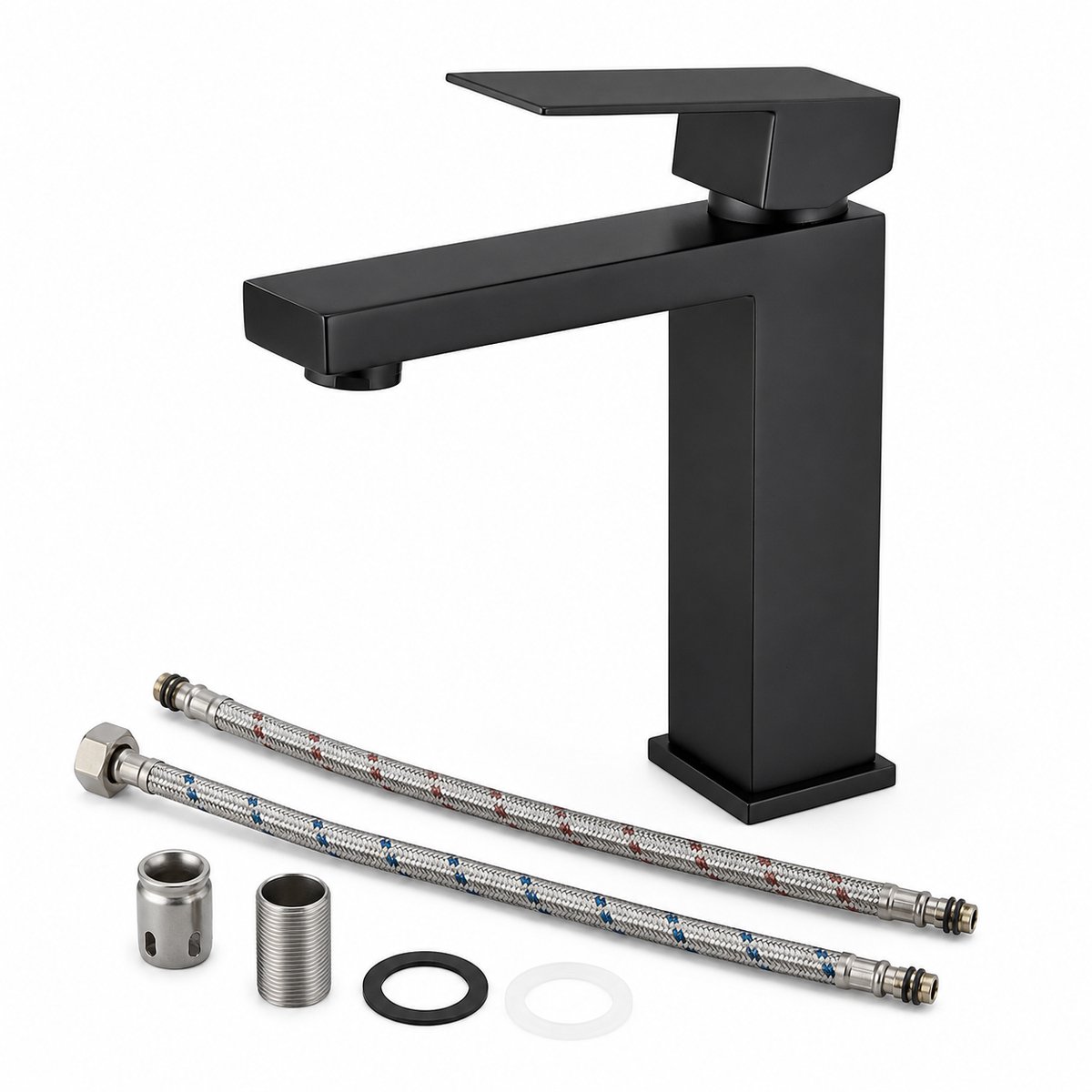 ITRONIQ Moderne Wastafelkraan 60 CM - Badkamerkraan Mengkraan Van Messing - Vierkante Kraan Met Keramisch Binnenwerk - Zwart