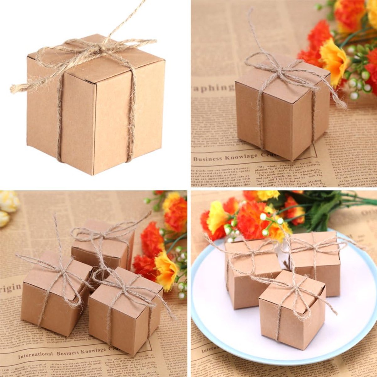 SnelShoppen - 50PCS Kraft Papieren Cadeau Dozen met Bruine Jute Touw - Verjaardag, Bruiloft, Baby Shower, Feestdecoratie, 50x50cm, Vintage Stijl