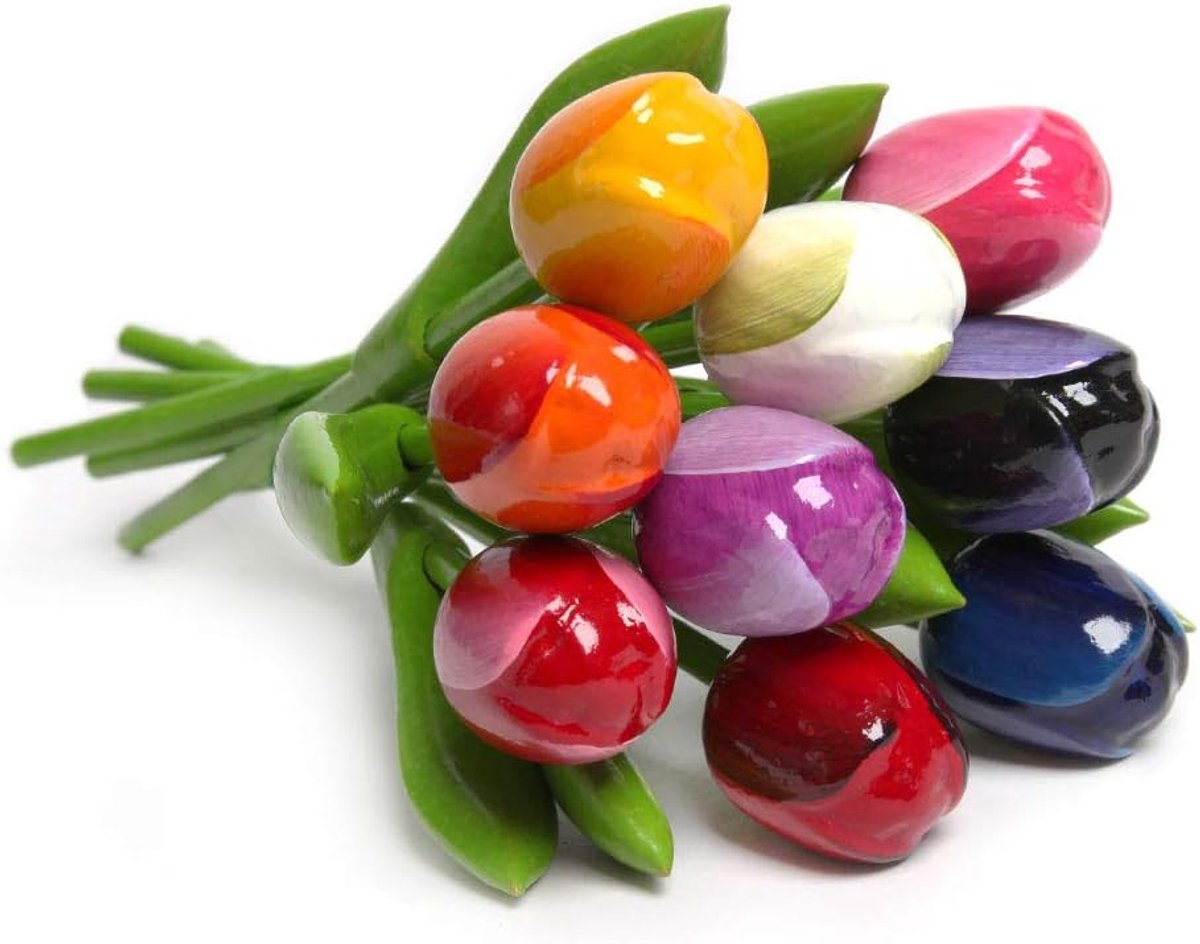 SnelShoppen - Houten Tulpen Boeket - 9 Kunstmatige Tulpen - Handgeschilderd - 21 cm Hoog - Bloemen Decoratie - Verjaardag - Jubileum - Made in Holland