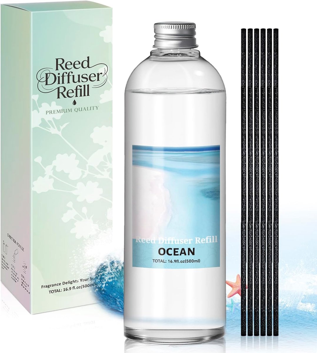 SnelShoppen - Luchtverfrisser navulling 500 ml Ocean - Huile parfumée voor Reed Diffuser - Verfrissende maritieme geur voor slaapkamer, badkamer, bure