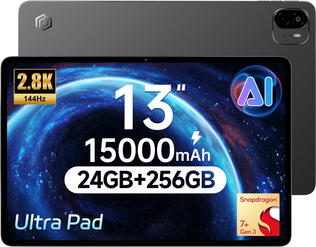 SnelShoppen - 13 inch Android 15 Tablet met Toetsenbord & Stylus, 2880x1840 Display 144Hz, 24GB RAM, 256GB ROM, 15000mAh, 8 DTS Speakers, Gaming Table