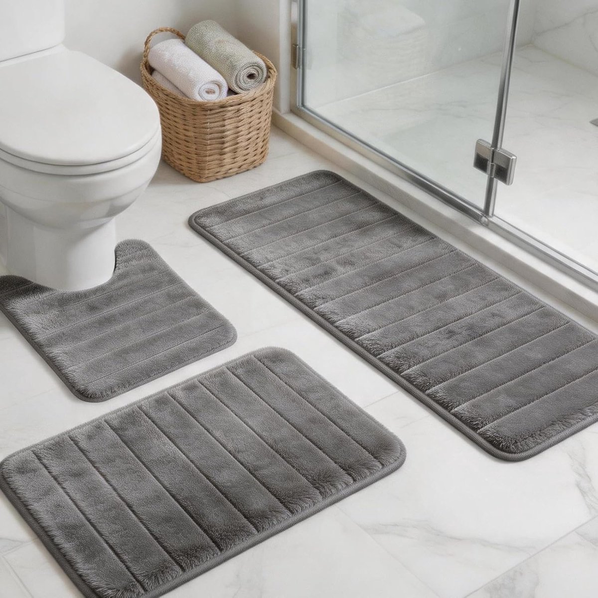 SnelShoppen - 3-delige badmatset antislip absorberend zacht sneldrogend voor toilet douche badkuip 50x60 50x80 50x120 cm grijs
