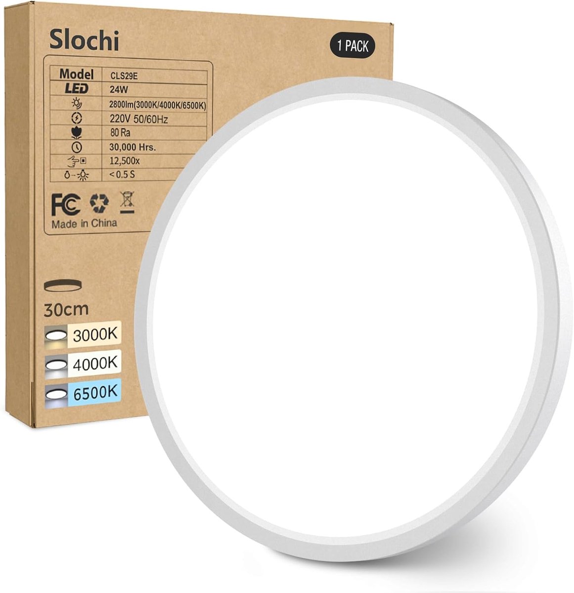 SnelShoppen - Slochi Led-plafondlamp rond 30 cm, plat, waterbestendig, 24 W, 2800 lumen, 3 kleuren - 3000 K/4000 K/6500 K, moderne badkamerlamp voor k