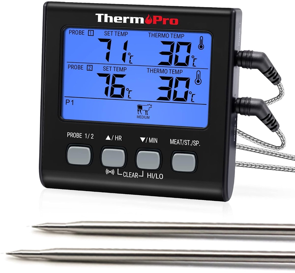 SnelShoppen - Digitale Vleesthermometer met Dubbele Probe, Groot LCD Display met Achtergrondverlichting, Koken, Grillen, Oven, Keuken, Roken, Timer