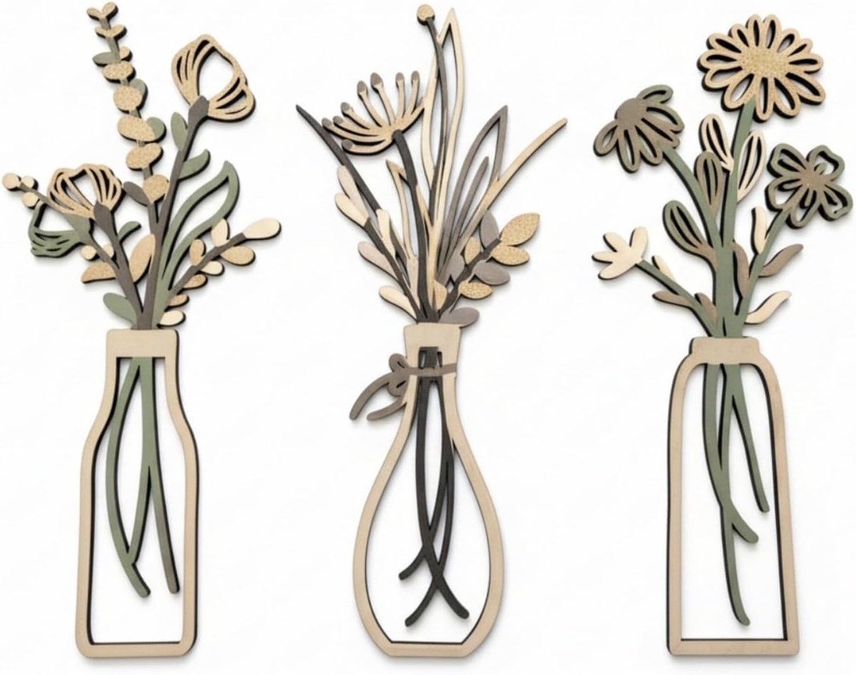 SnelShoppen - Houten bloemenvaas muurkunst set - Minimalistische boho boerderijdecoratie - 3-delige rustieke houten panelen - 33,5 x 13,5 inch voor wo