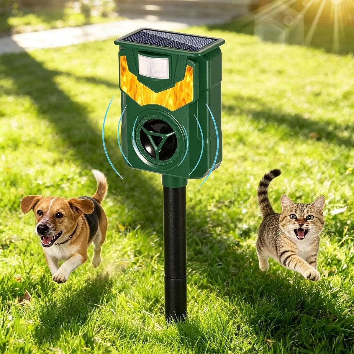 Ultrasone Dierafschrikkers voor de Tuin, Waterdichte Dierenbestrijding met Vlamlamp voor Katten, Honden en Vogels, Effectief tegen Muizen en Marters