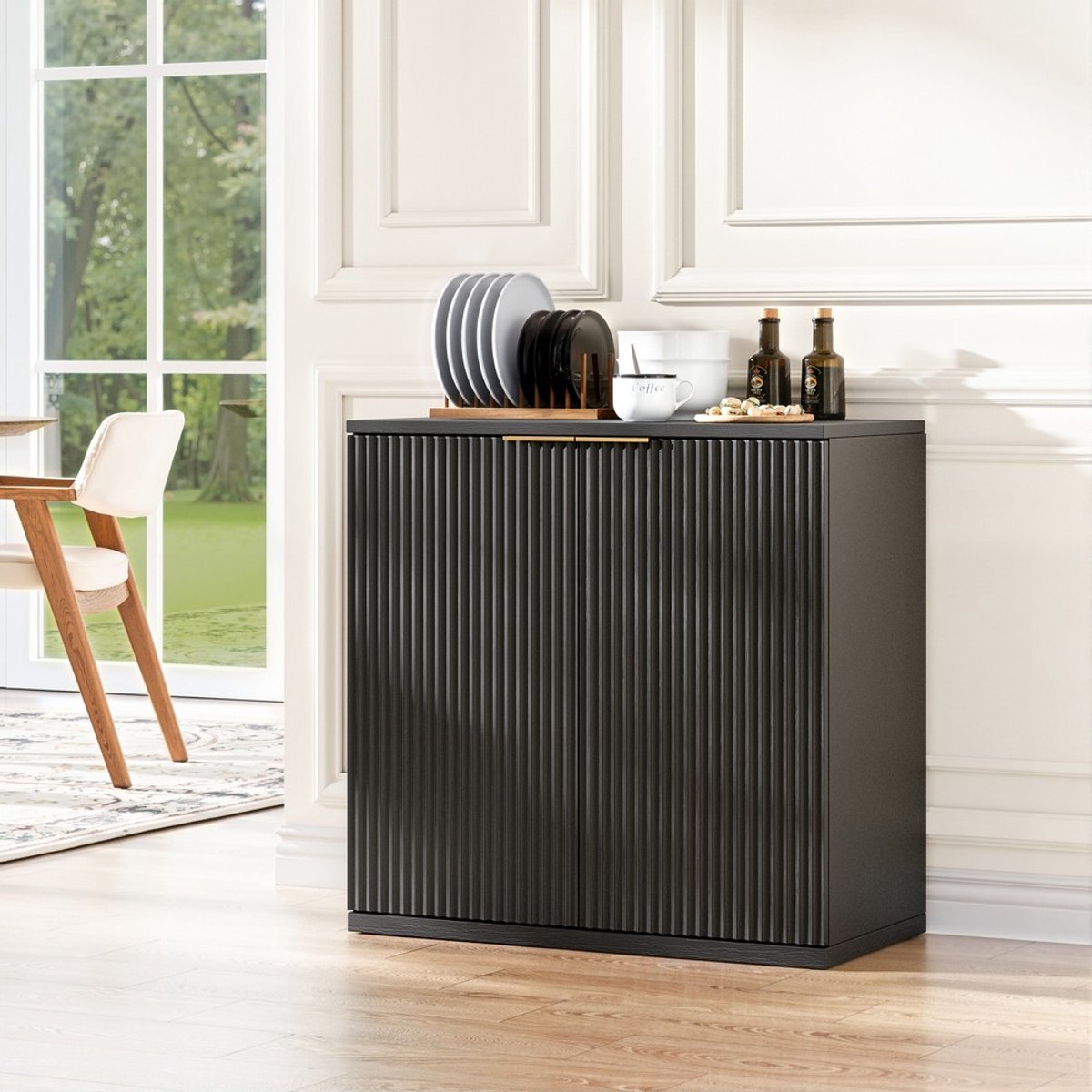 Pugsdrly Moderne opbergkast met plooifront en metalen handgreep, multifunctionele dressoirkast voor de woonkamer en slaapkamer, naturel licht houtdecor, zwart, 60x30x70 cm