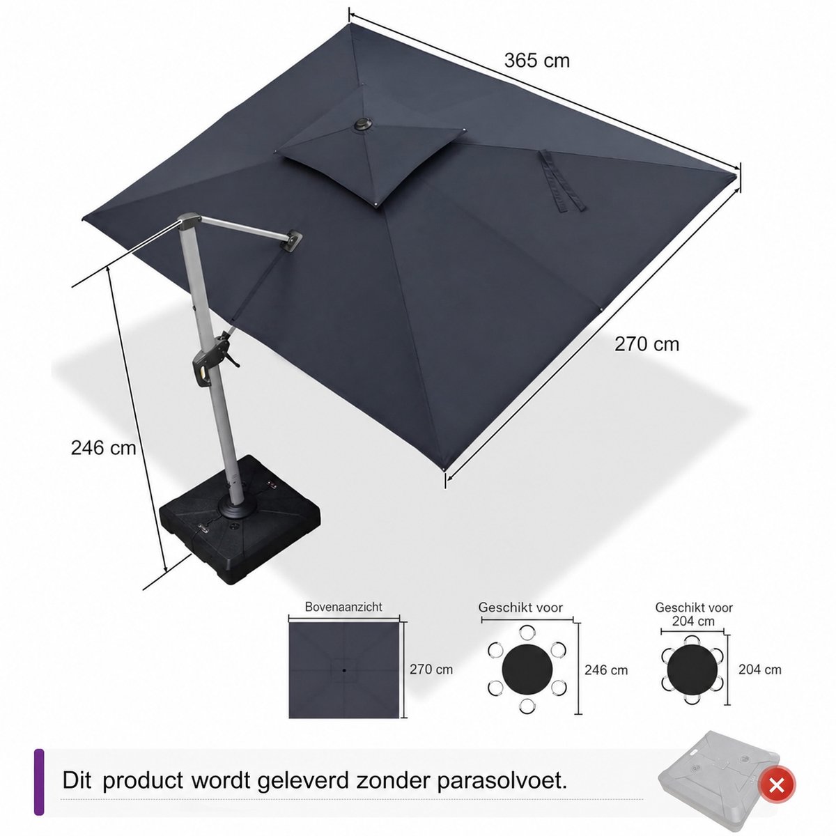 Purple Leaf Parasol déporté à double toit 365x270 cm - gris