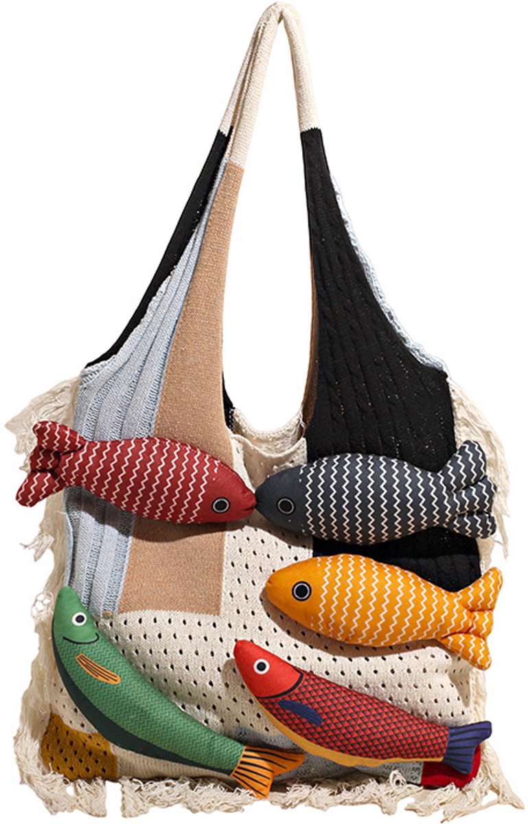 Ryoudavell - Boho Gehaakte Schoudertas met 3D Vis - Duurzame Gehaakte Strandtas Dames - Zachte Hobo Tas voor Zomer & Vakantie