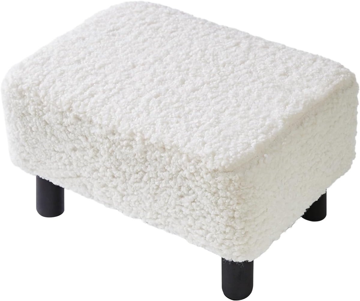 Moderne Poef met Houten Poten van Teddy Fleece, Ideaal als Schoenenbank voor Woonkamer en Slaapkamer, 42×29×24cm, Wit