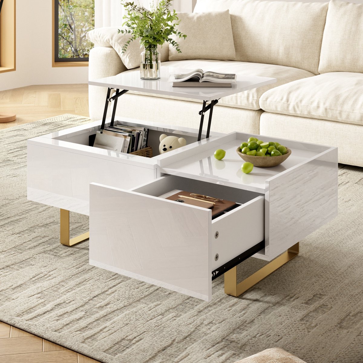 PHOEBE CAT Hoogglans Salontafel - In hoogte verstelbaar tafelblad - MDF - Opbergruimte - Met lade - Metalen poten - Wit