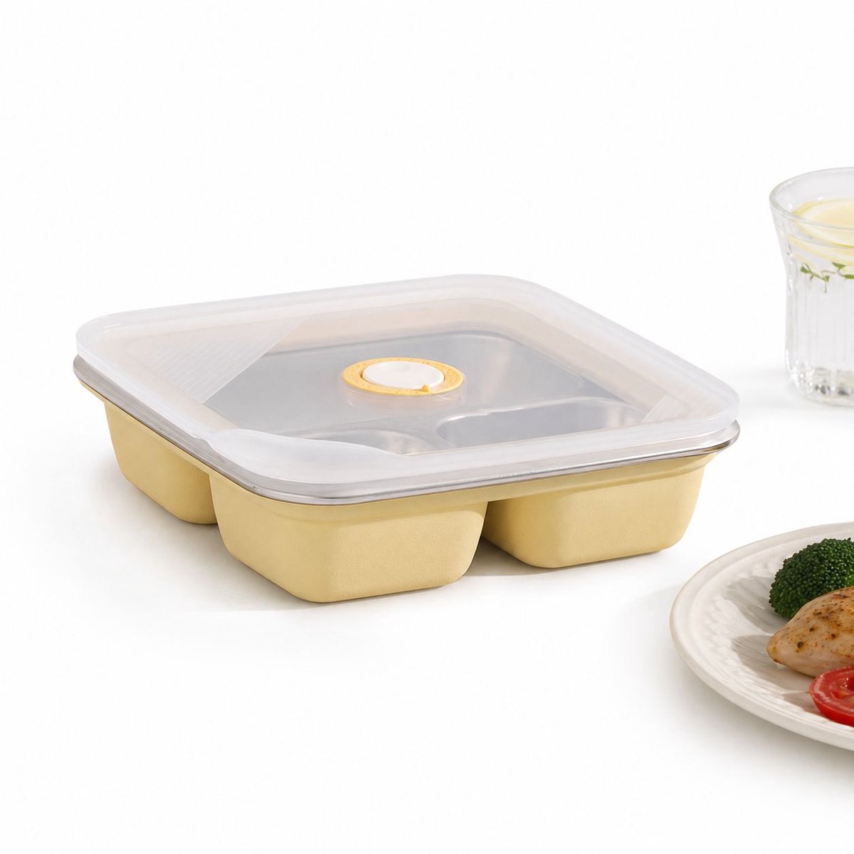 VHV-RVS Lunchbox 3 Vakken - 1200ml Bento Box voor Werk en School - Magnetronbestendige Broodtrommel - BPA-vrij - Lekvrij en Duurzaam - 19x19x5.5cm - Kleur: Melkgeel