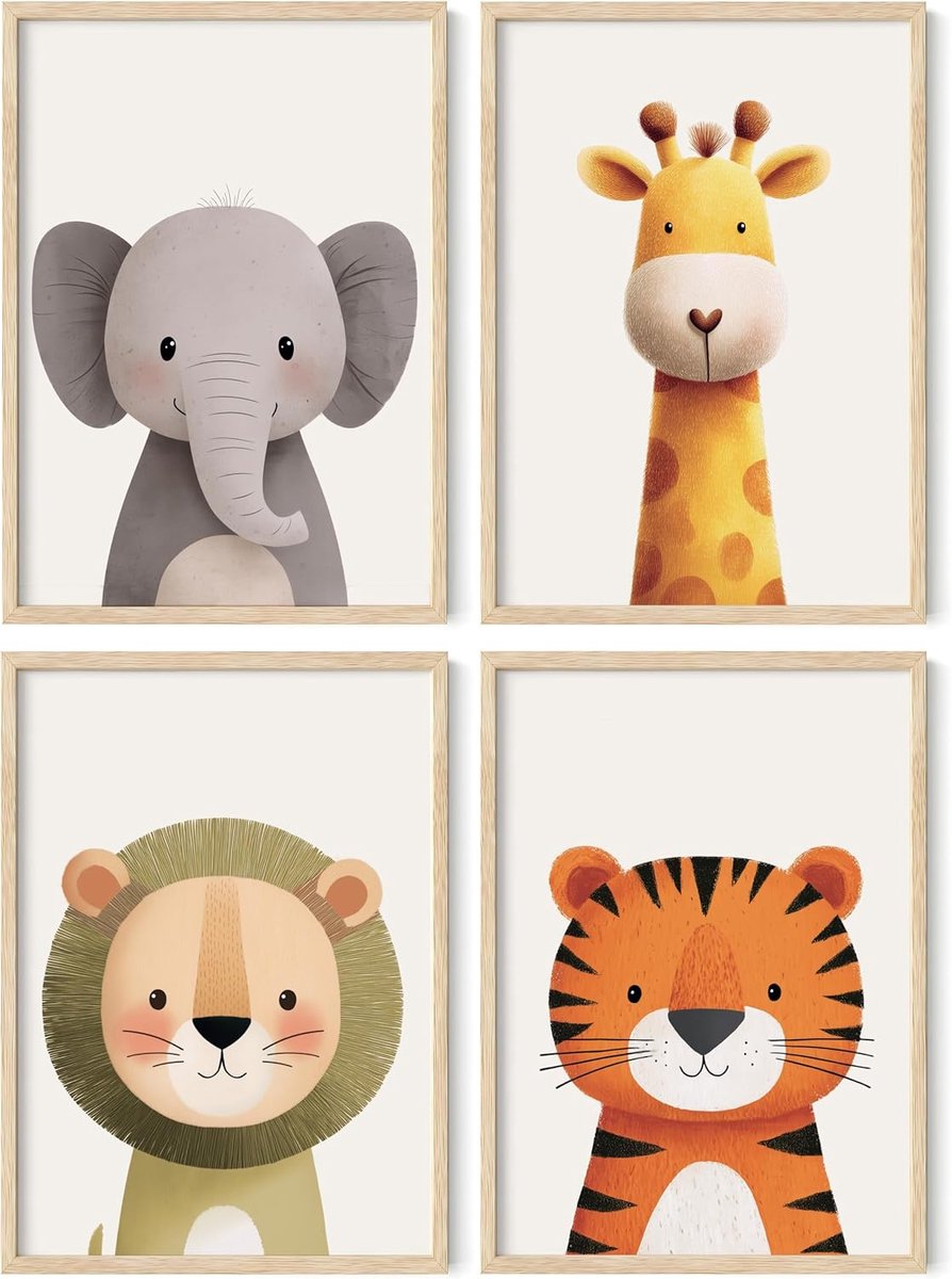 SnelShoppen - Packlist Kinderposters Set van 4 - Babykamer Decoratie Jungle & Safari Dieren (Leeuw, Olifant, Aap, Giraf) A4 Formaat Premium 250g Papie