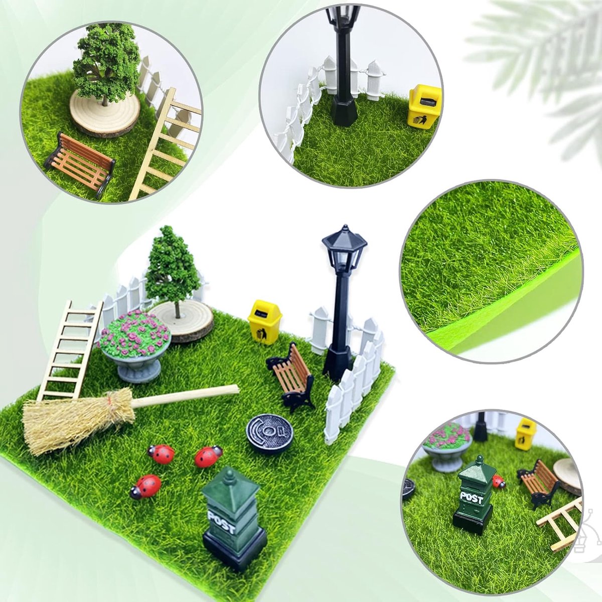 SnelShoppen - 15-delige Miniatuurtuin Accessoires Set met Kunstgras, Miniatuur Hek, Bankje, Straatlamp, Houten Ladder en Meer voor Tuin, Feest, Kinder