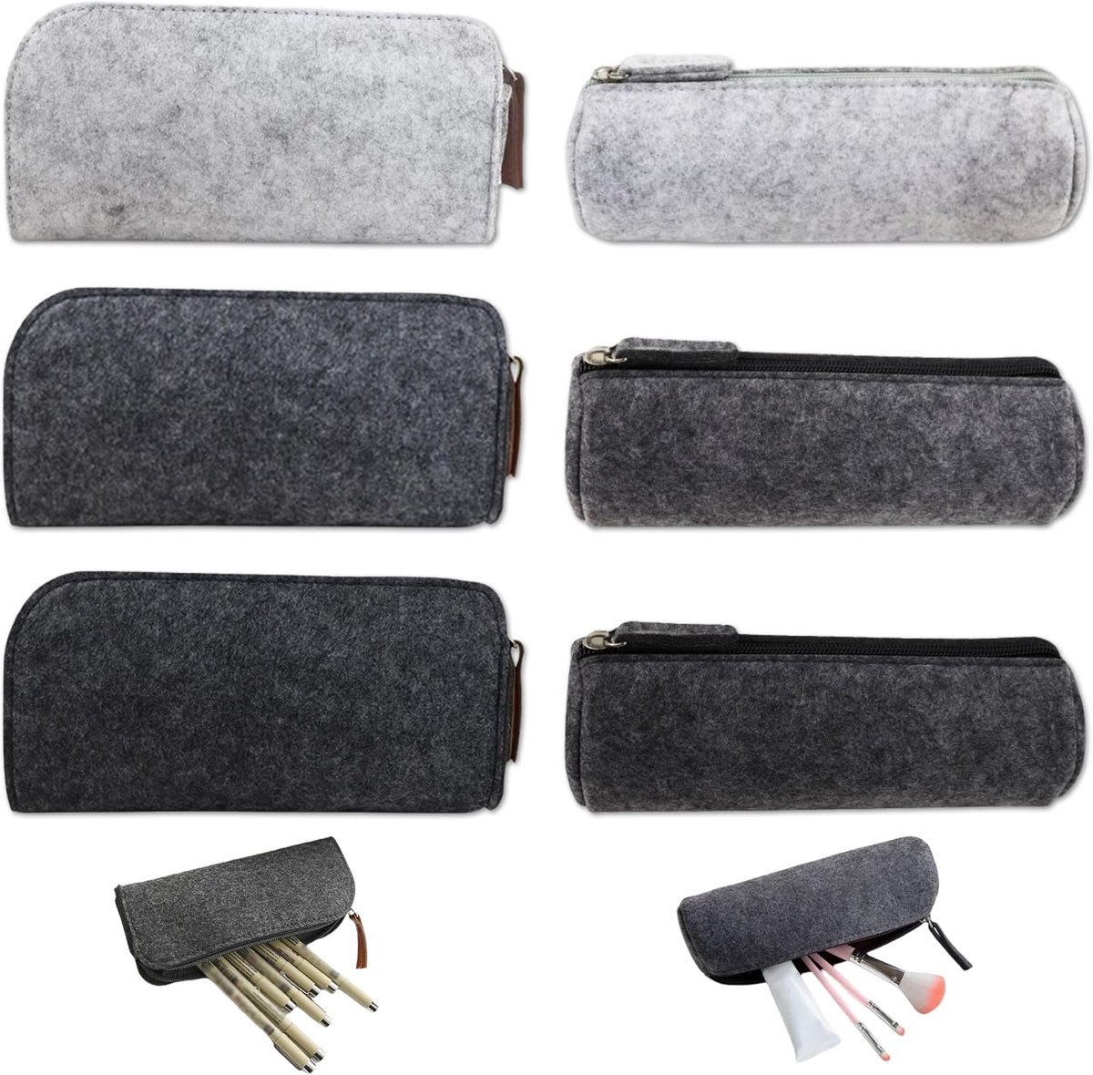 SnelShoppen - Vilten Etui met Ritssluiting - 6 Stuks in 2 Maten - Verdikte Cosmetictas van Vilt - Pennenetui voor Potloden en Schrijfwaren - Ideaal vo