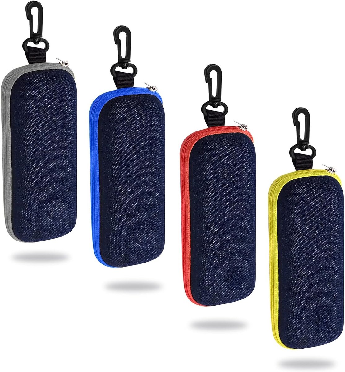 Set van 4 Draagbare Brilhoezen van Denim met Karabijnhaak, Harde Zonnebril Pouch met Rits voor Dames, Heren en Meisjes, Ideaal voor Reizen en Bescherming, 16.5 x 4 cm
