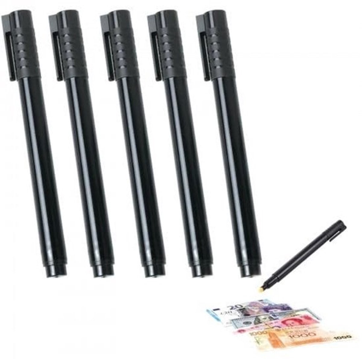 Bankbiljettendetector 5 Stuks - Valsegeld-detector - Geldcontrolepen - Valsemgelddetector - Euro/Dollar/Pond - Zwarte Behuizing