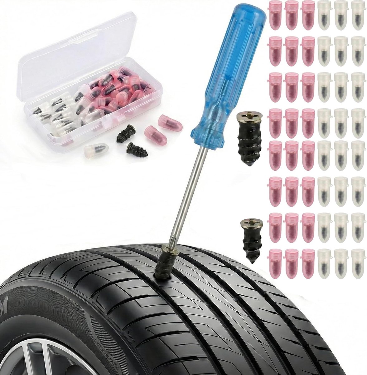 SnelShoppen - 52-delige bandenreparatiekit met doos, blauwe schroevendraaier, 50 rubberen plugs (25L+25S) voor tubeless banden, ideaal voor landbouw e