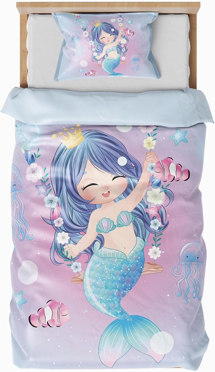 SnelShoppen - Mermaids Dekbedovertrek 90 x 190 cm, Dekbedovertrek met Ritssluiting, Microfiber Bedtextiel voor Eenpersoonsbed, Kinderen Dekbed met Kus