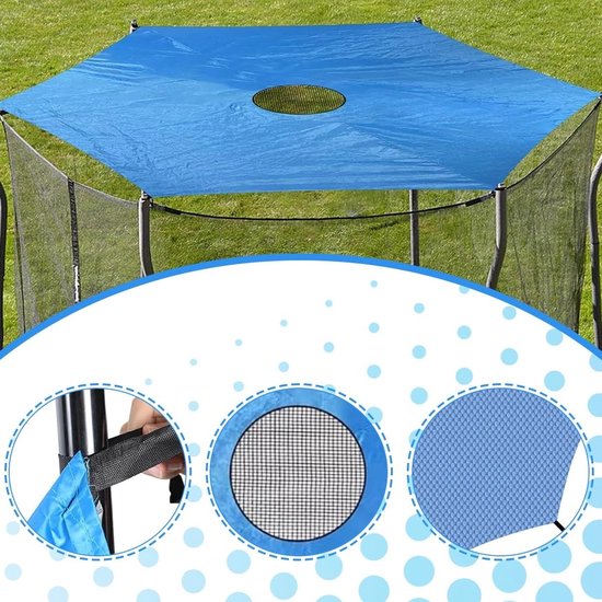 Een blauw hexagonvormig trampoline zonnescherm, vastgemaakt aan de bovenkant van een trampoline. Details van de stof en bevestiging.
